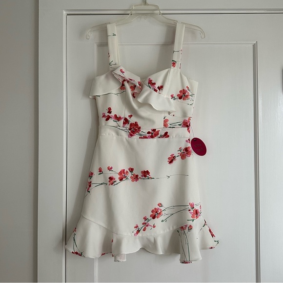 Black Halo Zalda White and Pink Floral Ruffle Mini Dress - Picture 3 of 7